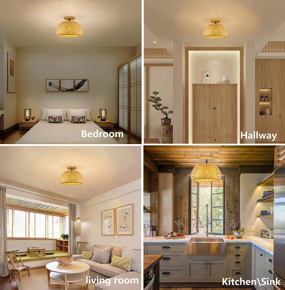 Bamboo Semi Flush Mount Ceiling Lamp, Boho Ceiling Light Fixture