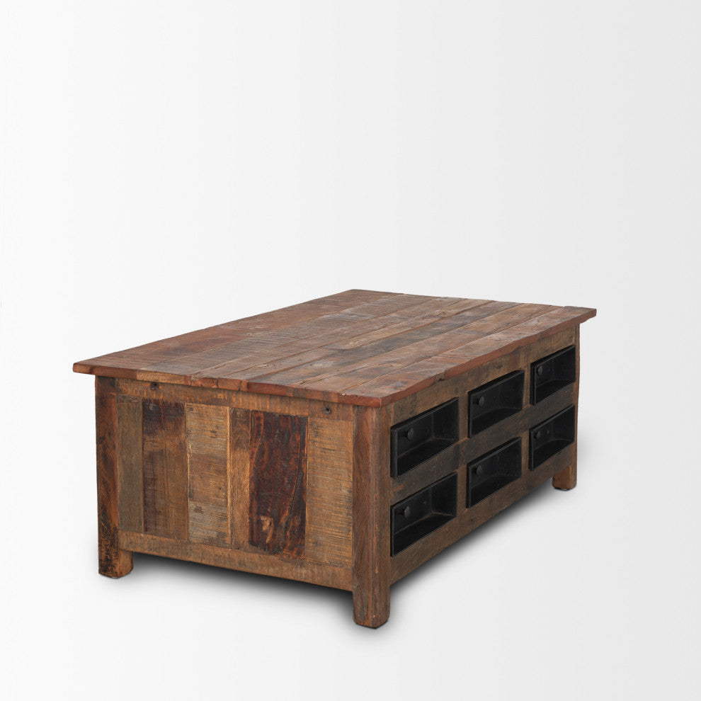Wilton Brown Wood With 12 Black Metal Drawers Coffee Table