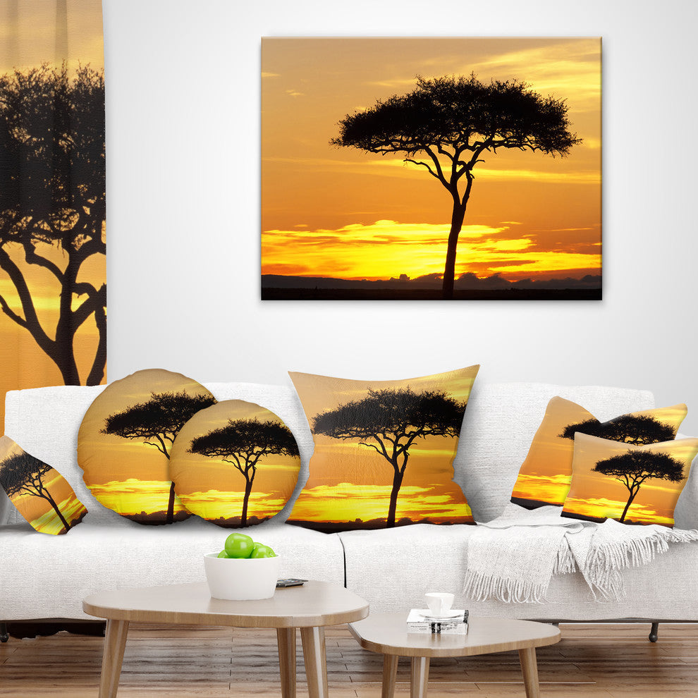 Beautiful Sunset Through Acacia Tree African Landscape Printed Pillow, 18"x18"
