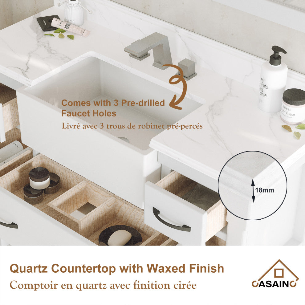 Freestanding Bath Vanity in White with White Quartz Top, 48in