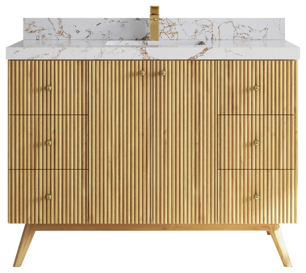 Pasadena 48 Single Sink Bath Vanity in Light Natural Teak 2" Viola Gold