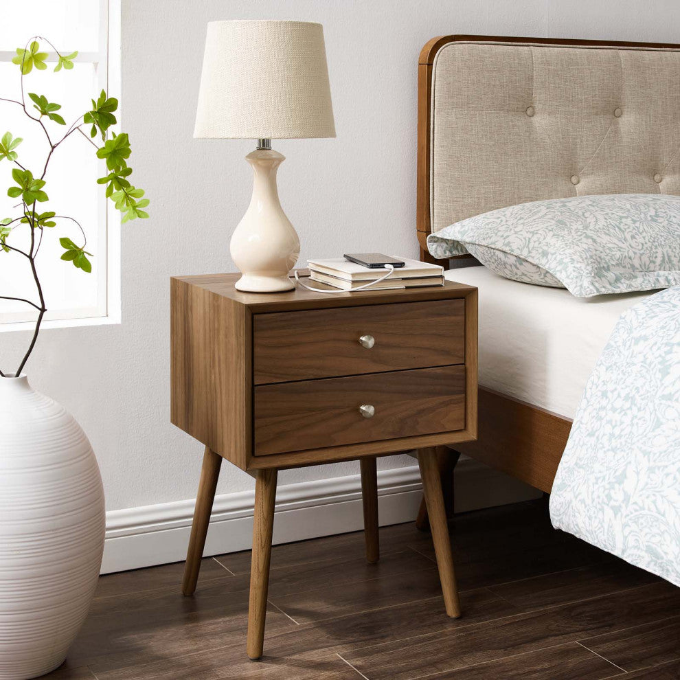 Nightstand Side End Table With USB, Wood, Brown Walnut, Modern Living Room