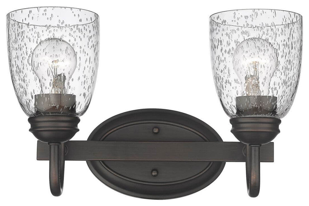 2 Light 14" Bath Vanity Light, Rubbed Bronze With Seeded Glass