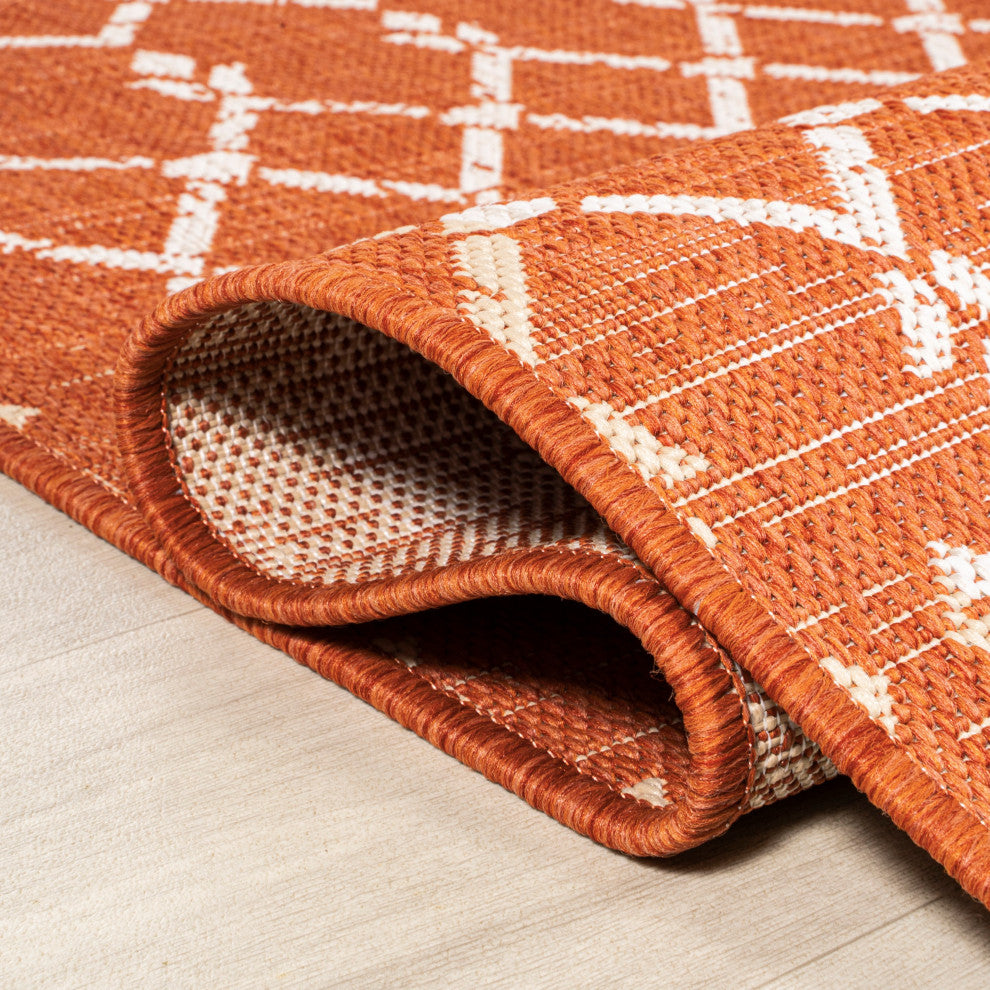 Ourika Moroccan Geometric Indoor/Outdoor Rug, Orange/Cream, 5' Square