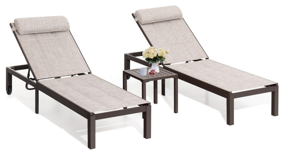Outdoor Recliner Adjustable Quilted Chaise Lounge Chair and Table Set, Beige