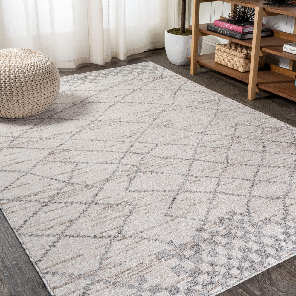 Asilah Moroccan Modern Diamond Runner Rug, Light Gray, 8 X 10