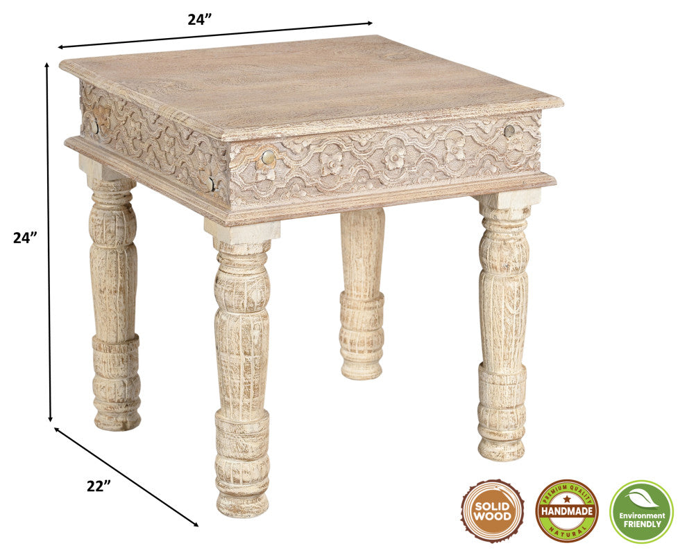 Wiley Carved Edge End Table, White, Mango Wood