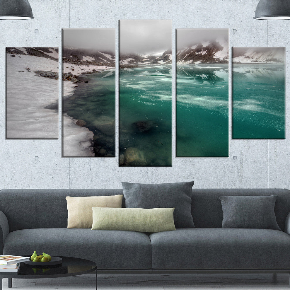 Lake With Icy Topped Mountains, Landscape Canvas Print, 60"x32", 5 Panels