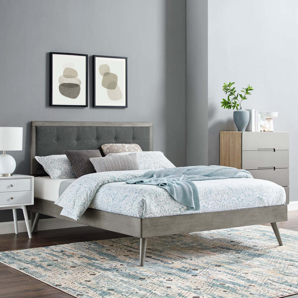 Platform Bed Frame, Queen Size, Fabric, Wood, Gray, Modern Mid-Century