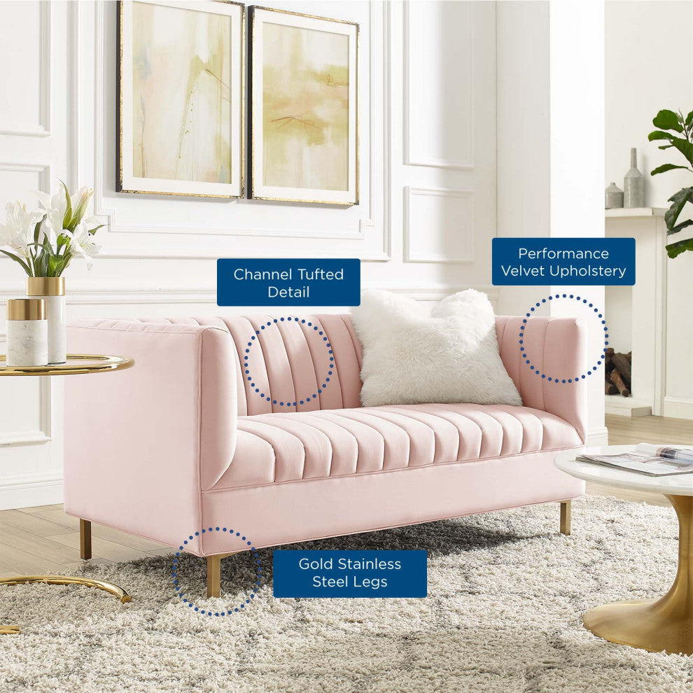Tufted Loveseat Sofa, Velvet, Pink, Modern, Living Lounge Hotel Hospitality