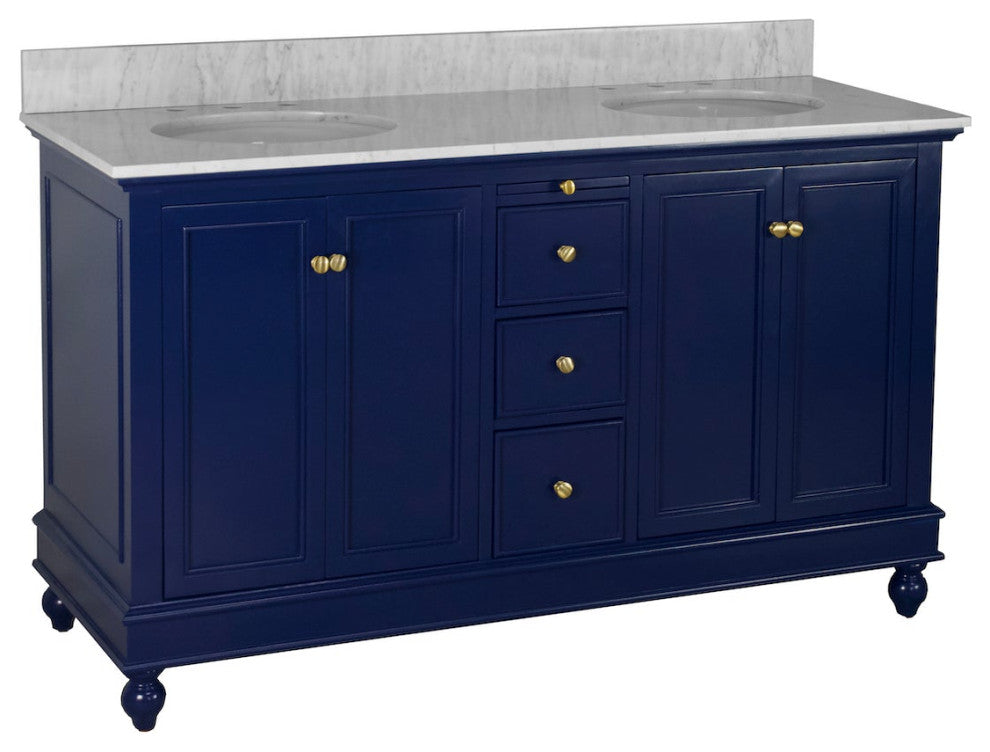 Bella 60" Bathroom Vanity, Royal Blue, Carrara Marble, Double Vanity