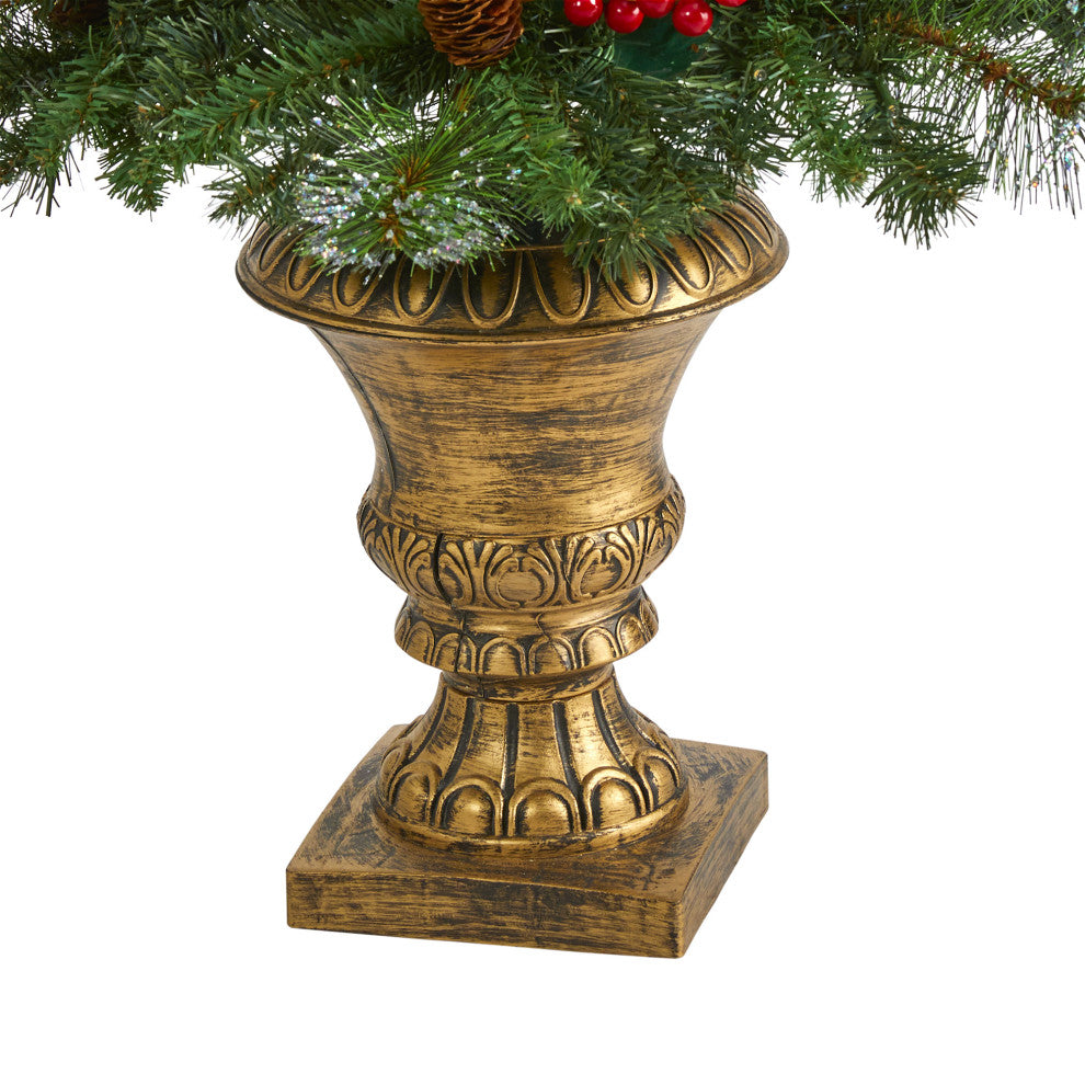 4' Pine, Pinecone & Berries Faux Xmas Tree With 100 Clear Lights, Decorative Urn