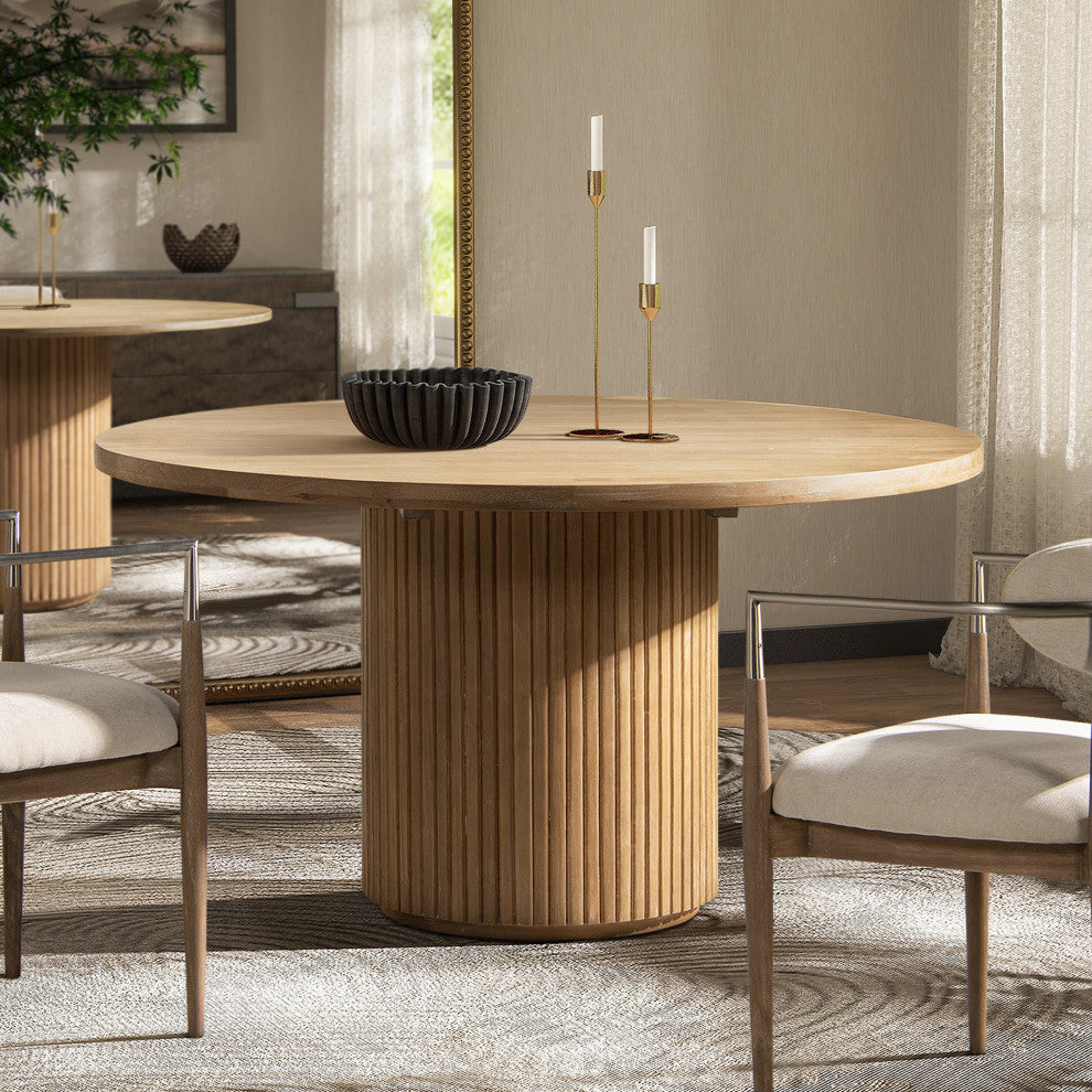 Charlotte 55" Round Fluted Wood Dining Table, Bleached Blonde