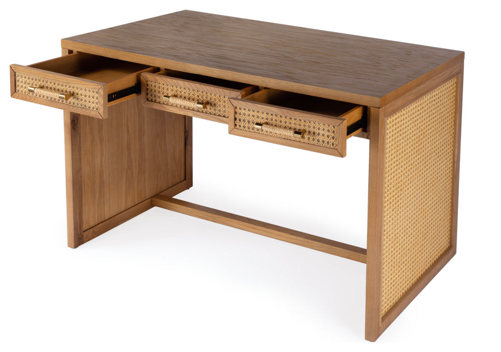 Mesa Cane and Solid Wood 3-Drawer Writing Desk