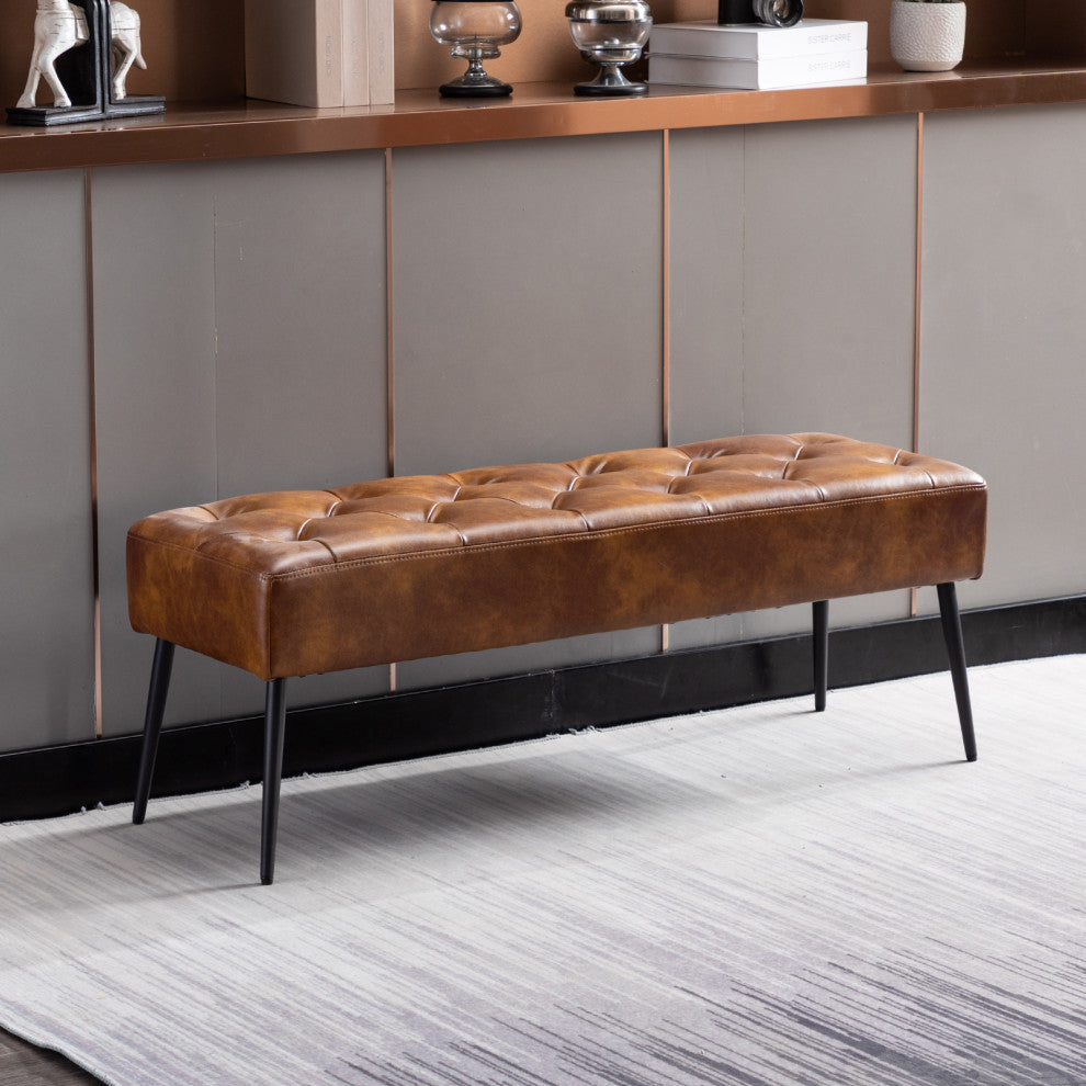 Button Tufts Bedroom Bench, Yellowish Brown With Black Legs-Faux Leather