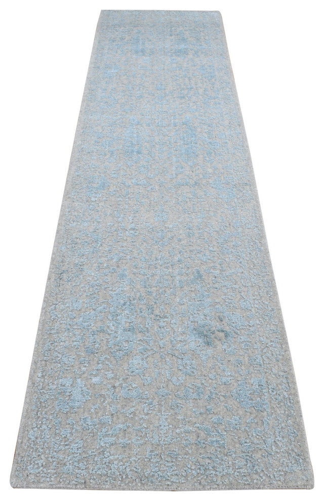 Beige Jacquard Hand Loomed Wool/Silk Tone on Tone Design Runner Rug 2'5"x10'1"