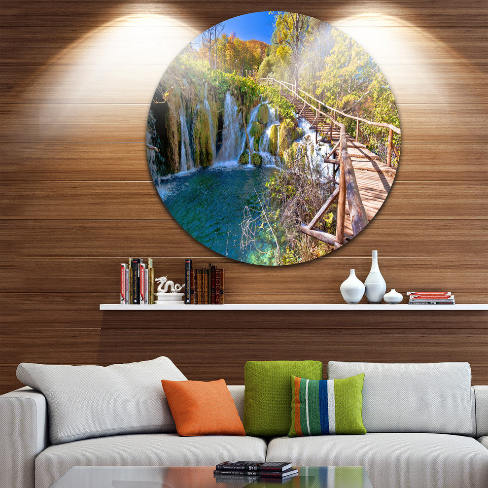 Autumn In Plitvice Lakes, Landscape Photo Round Metal Wall Art, 11"