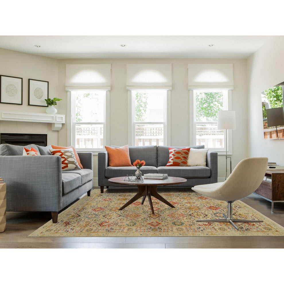 Beige, THE SUNSET ROSETTES, Hand Knotted Wool And Pure Silk, Rug, 8'2"x10'2"