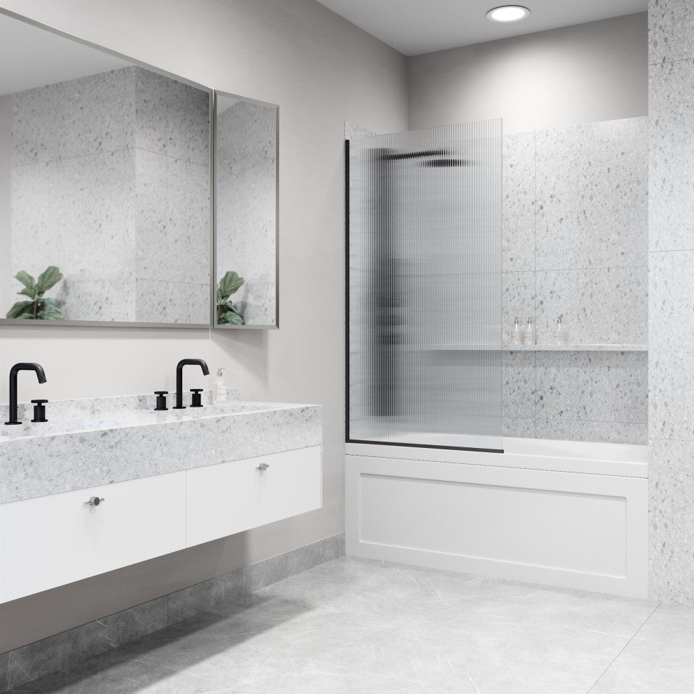 VIGO Zenith Frameless Fixed, Matte Black, Tub Screen, 34" W X 62" H, Fluted Glass