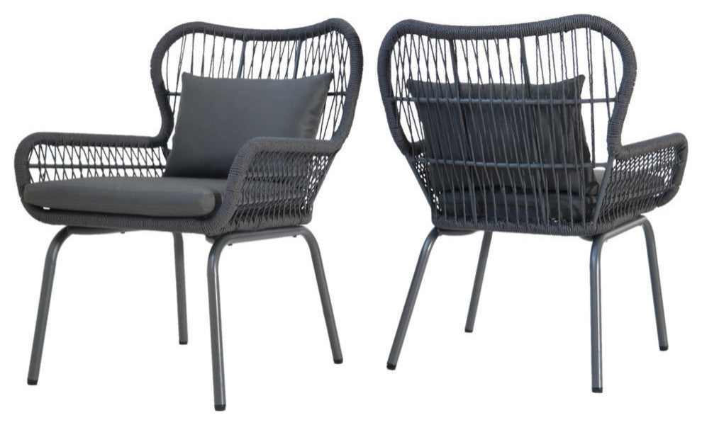 GDF Studio Kimberley Outdoor Steel and Rope Club Chairs With Cushioned, Set of 2, Gray