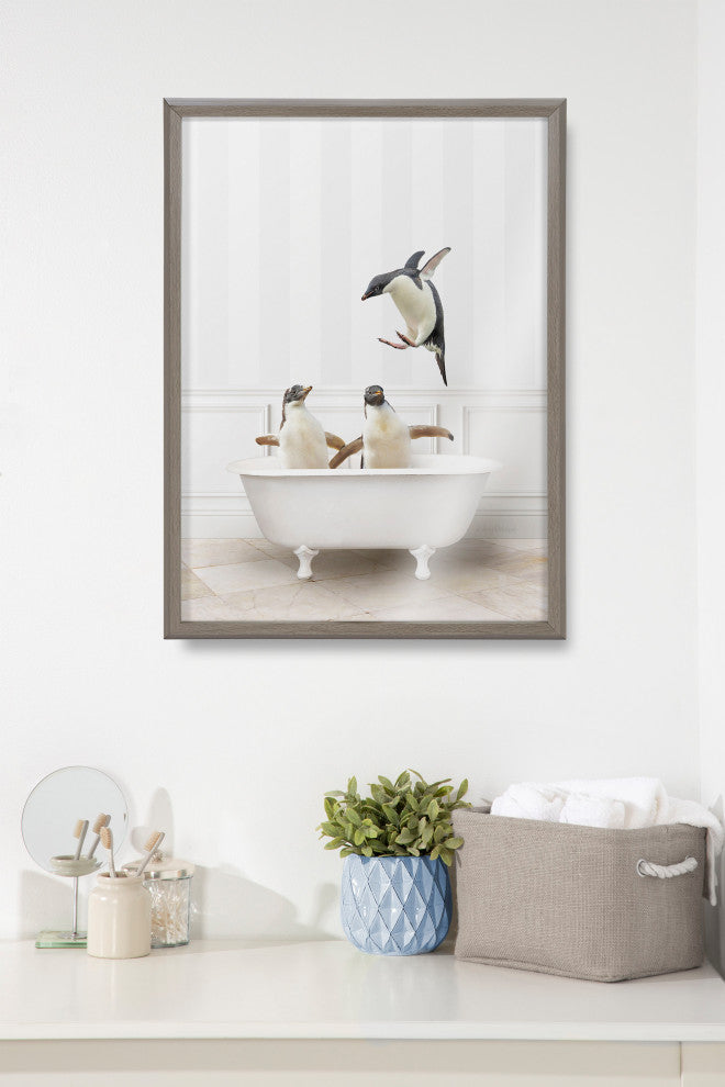 Blake Penguins Bathroom Framed Printed Glass by Amy Peterson, Gray 18x24