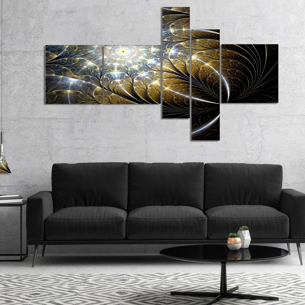 Symmetrical Dark Golden Fractal Flower, Abstract Canvas Print, 60"x32", 5 panels