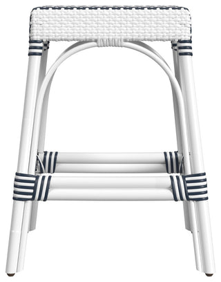 Robias Rectangular Rattan 24.5" Counter Stool, Navy Stripe (White Frame)