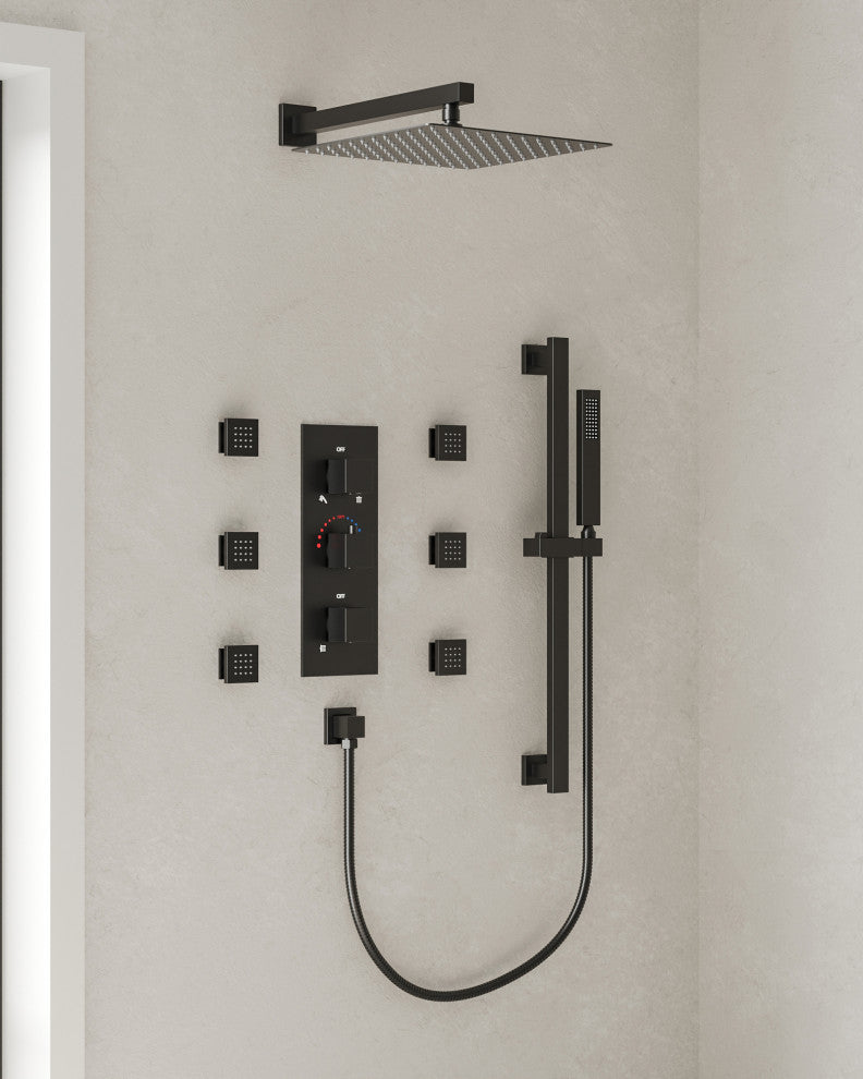 Thermostatic Shower Faucet 12" Rain Shower Head with Handheld Slide Bar System, Matte Black