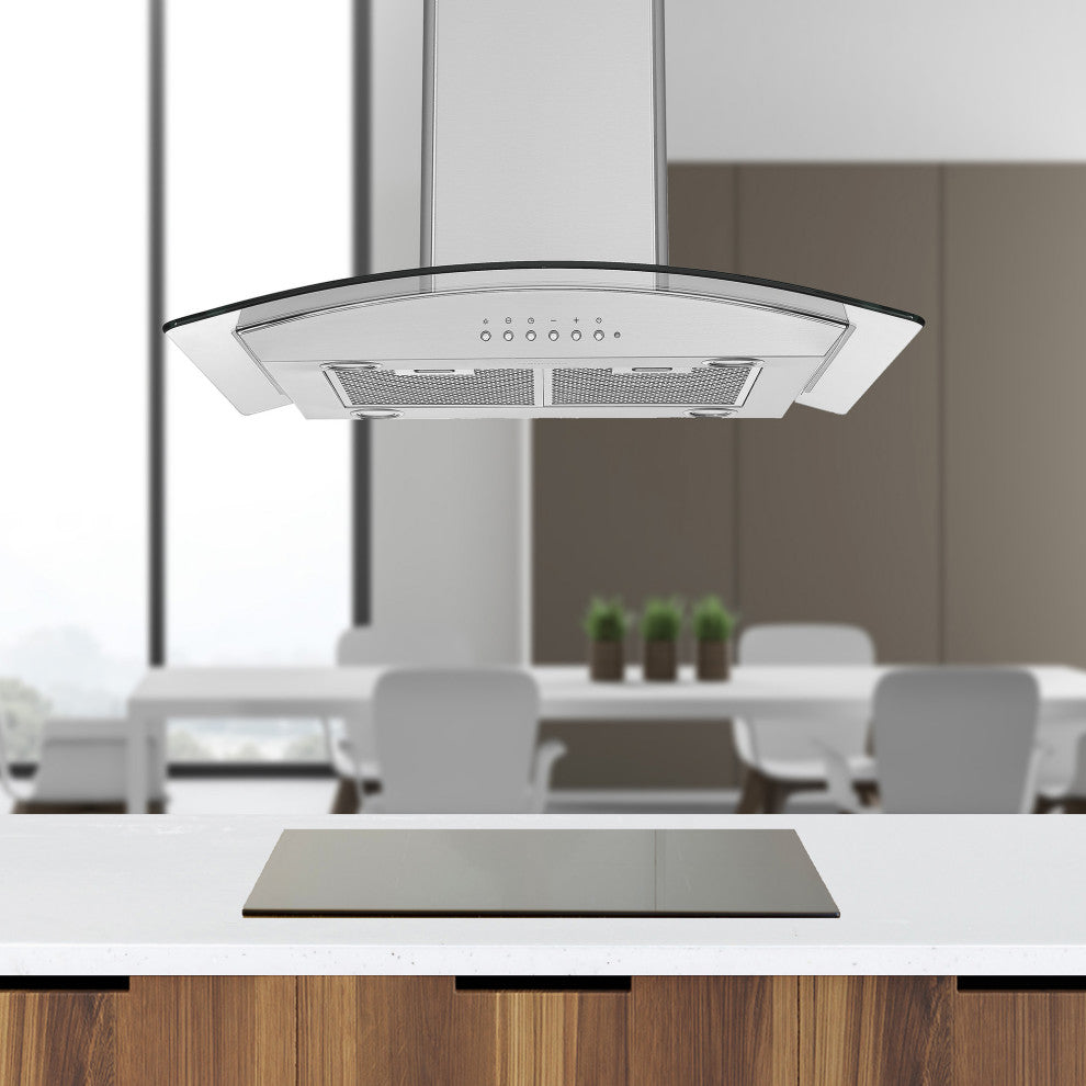 Ancona Convertible Island Glass Canopy Range Hood, Night Light Feature, 30 in.