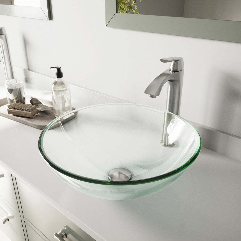 VIGO Crystalline Glass Vessel Sink and Linus Vessel Faucet, Brushed Nickel