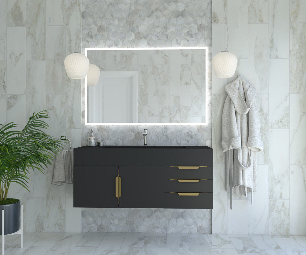 CastelloUSA Nile 48" Wall Mounted Vanity Set, Black, Black Top, Gold Handles