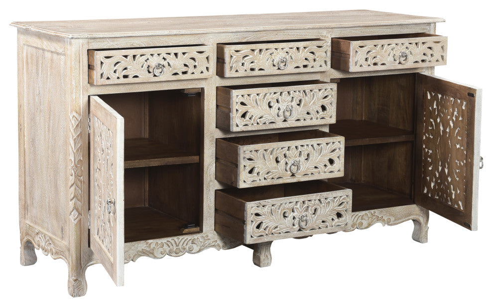 Delaney Carved Sideboard, Distressed Off-White