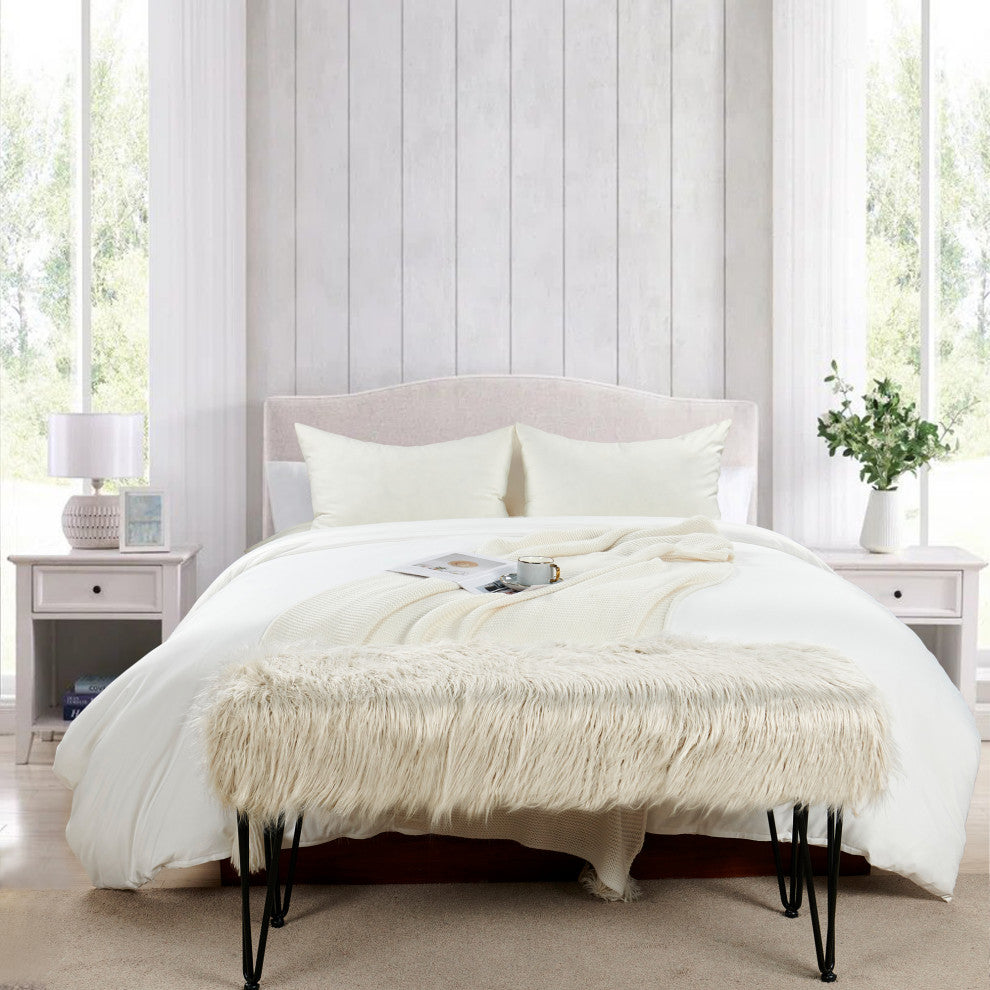 Mongolian Fur Ottoman, Oatmeal, 46"x16"x22"