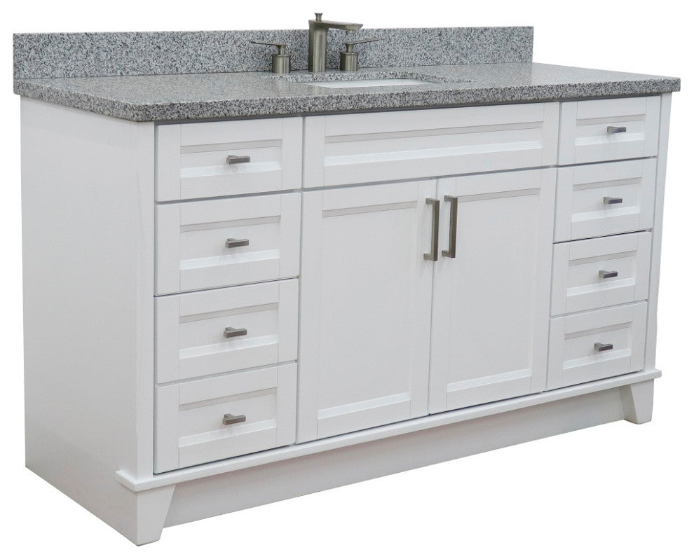 61" Single Sink Vanity, White Finish And Gray Granite And Rectangle Sink