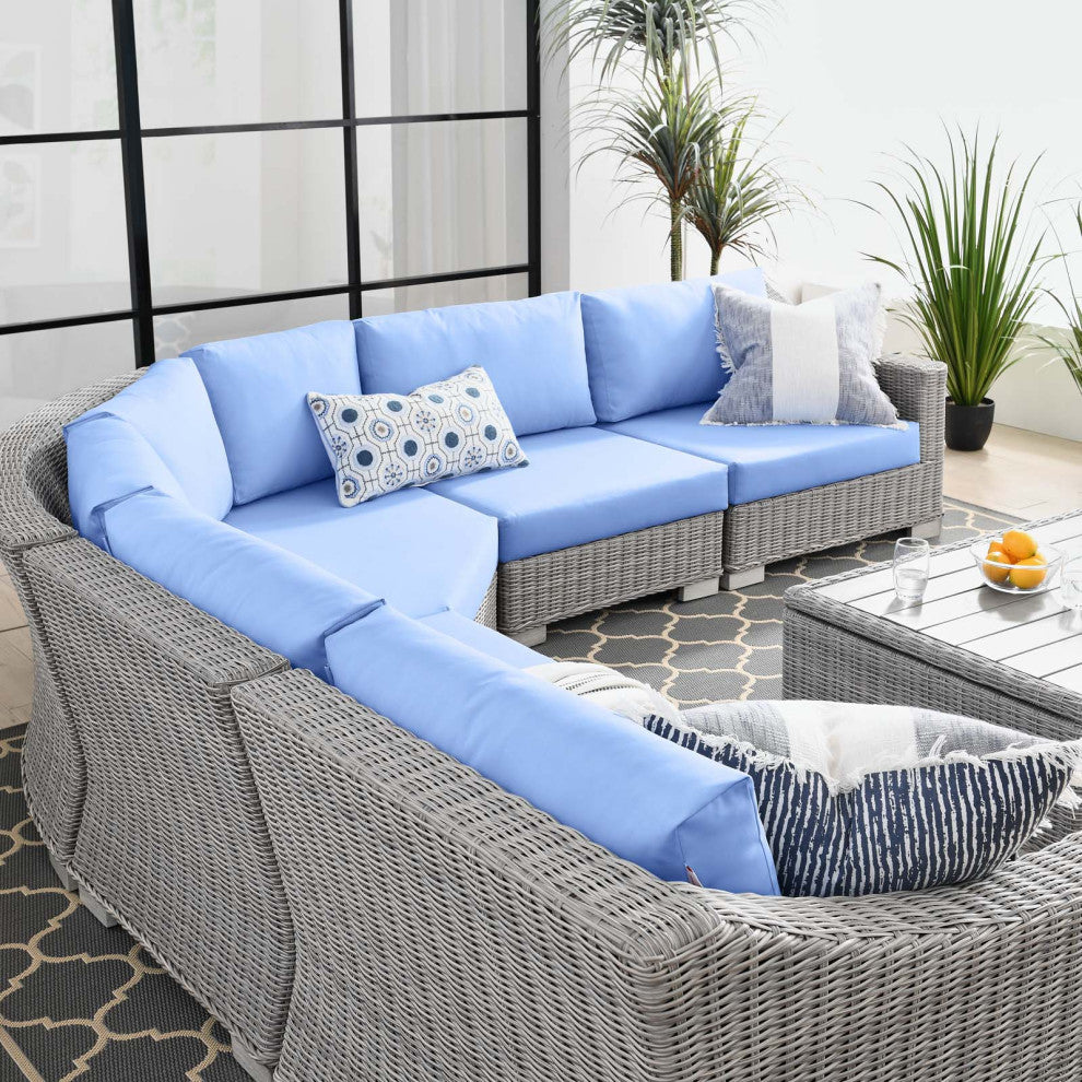 Lounge Sectional Sofa Chair Table Set, Rattan, Wicker, Gray Blue, Outdoor