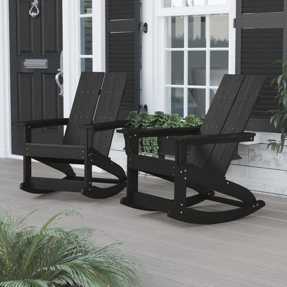 Finn Set of 2 Outdoor Rocking Adirondack Chair-Rust Resistant Hardware, Black
