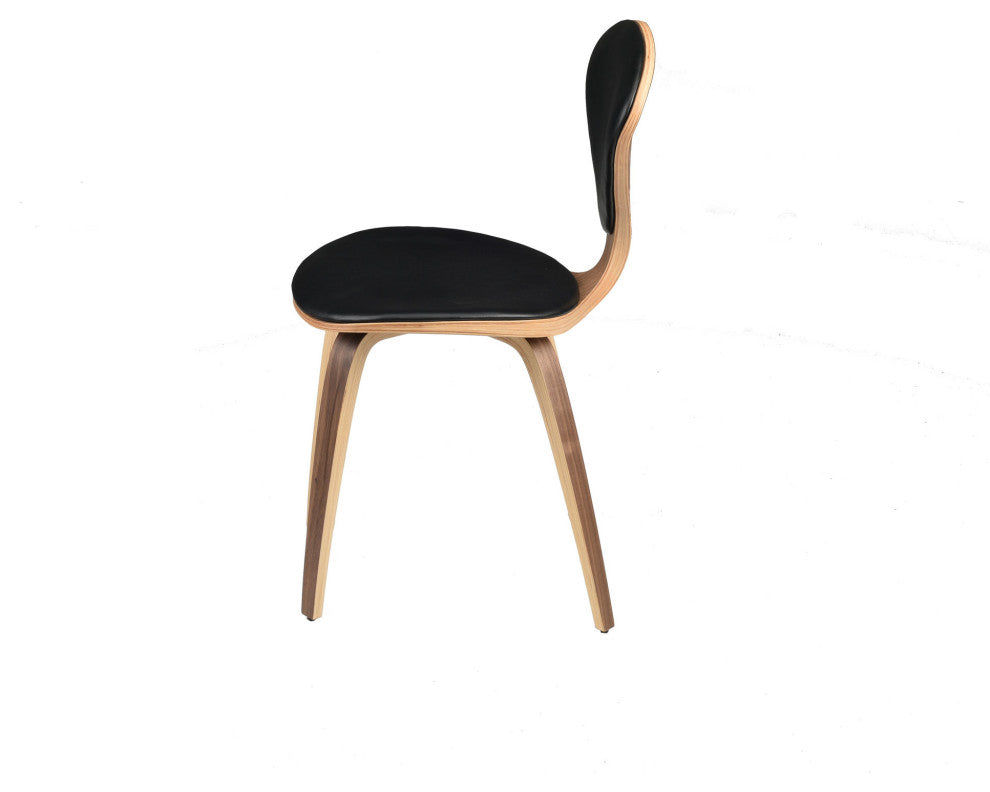Satine Dining Chair, Molded Plywood Side Chair, Walnut Frame, Black Leather