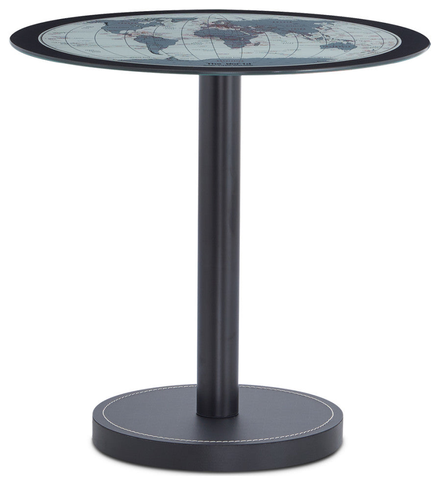World Map Black Leather Side Table