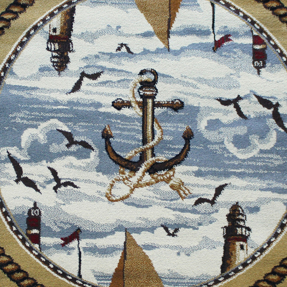 Angie Collection Round 4' x 4' Beige Nautical Themed Area Rug