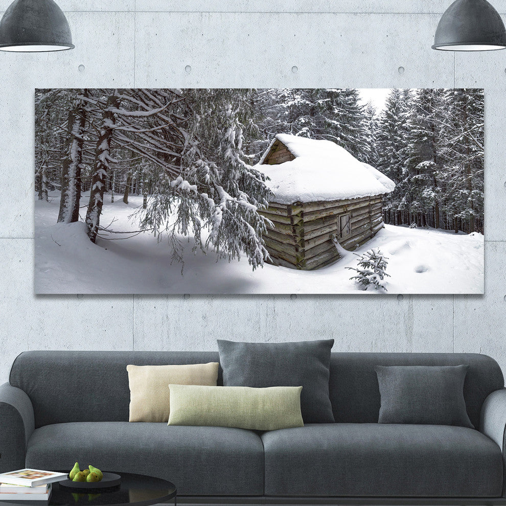 House in Magic Winter Forest, Landscape Canvas Art Print, 60"x28"
