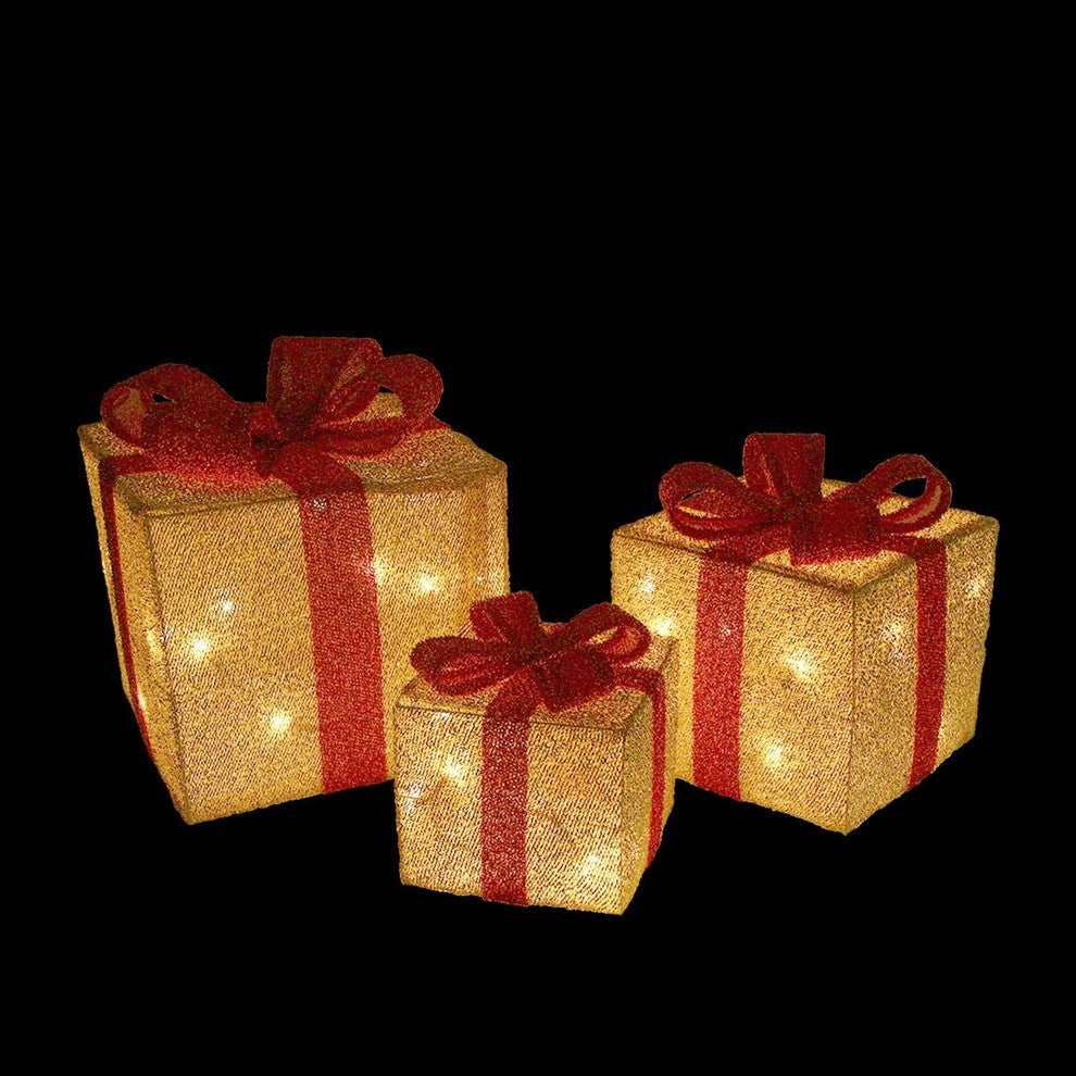 Gift Boxes With Bows Christmas Decorations, 3-Piece Set, Gold/Red