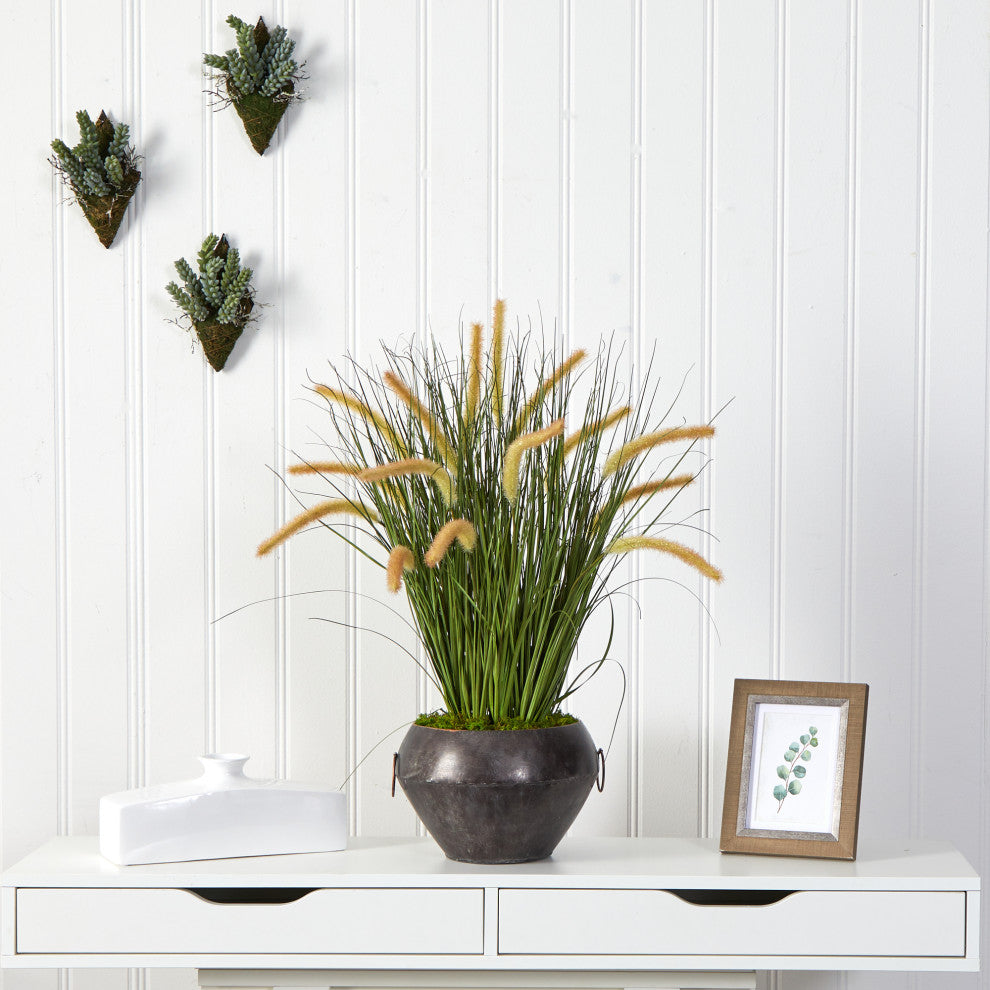 27" Onion Grass Artificial Plant, Metal Bowl