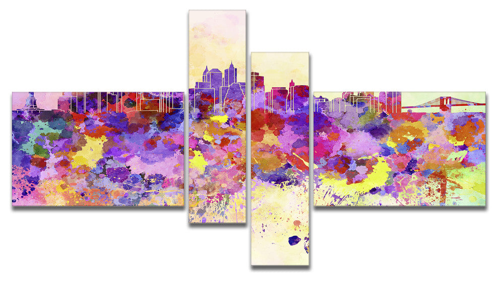 Purple New York Skyline, Cityscape Canvas Art Print, 60"x32", 4 panels