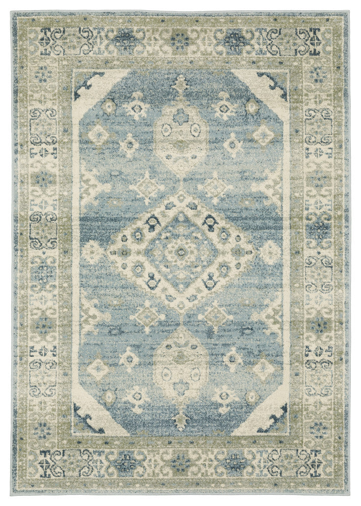 Bastian Bordered Medallion Blue/ Grey Indoor Area Rug, Blue, 5'3"x7'3"