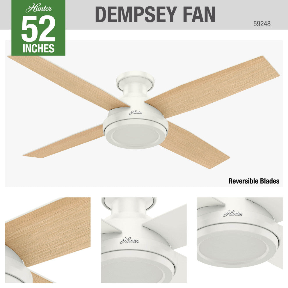 Hunter Fan Company  52" Dempsey Low Profile  Ceiling Fan + Remote, Fresh White