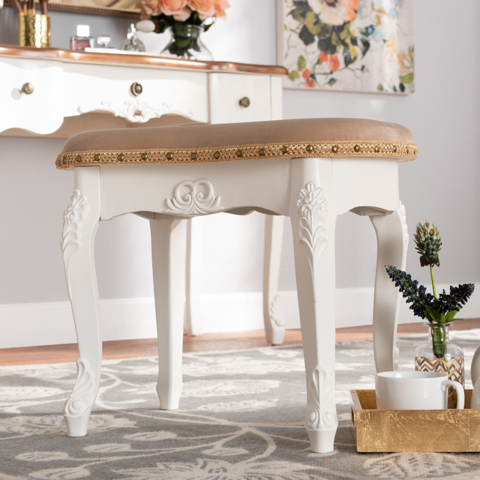 Wiktoria Country Provincial Sand Velvet Upholstered White-Wood Vanity Ottoman