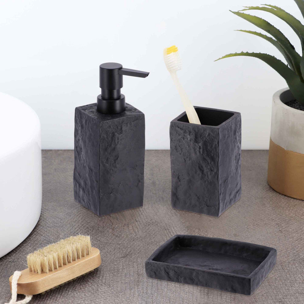 Modern Square Resin Soap & Lotion Dispenser - 9 fl oz, Stone Effect Design, Black