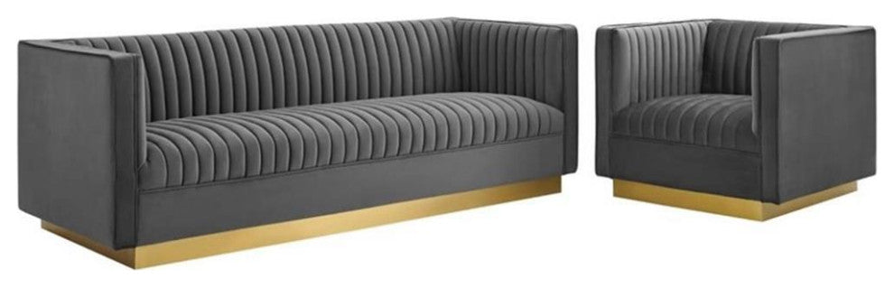 Tufted Upholstered Performance Velvet Sofa and Armchair Set - Gray