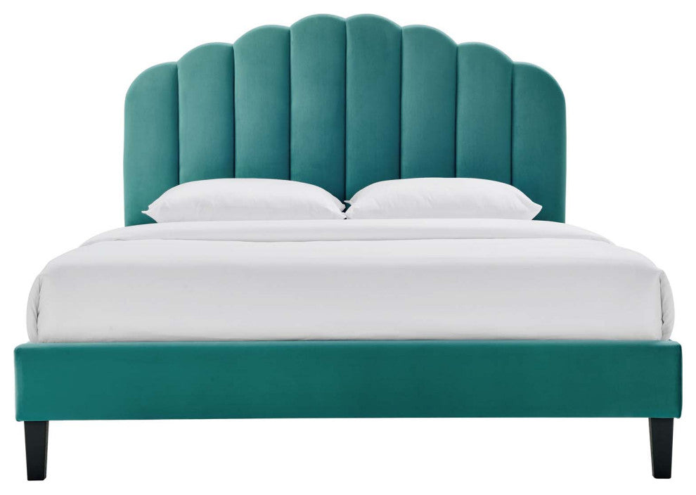 Platform Bed Frame, King Size, Teal Blue, Velvet, Modern, Bedroom Guest Suite