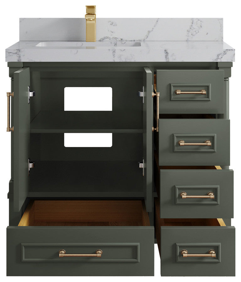 Aberdeen 36 Left Offset Bath Vanity in Pewter Green 2" Venatino Quartz